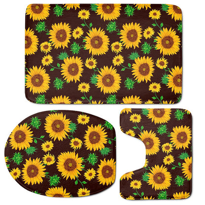 Brown Sunflower Pattern Print 3 Piece Bath Mat Set