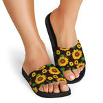 Brown Sunflower Pattern Print Black Slide Sandals