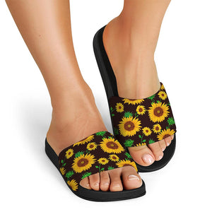 Brown Sunflower Pattern Print Black Slide Sandals