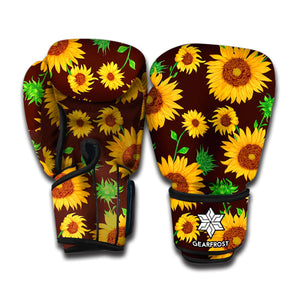 Brown Sunflower Pattern Print Boxing Gloves