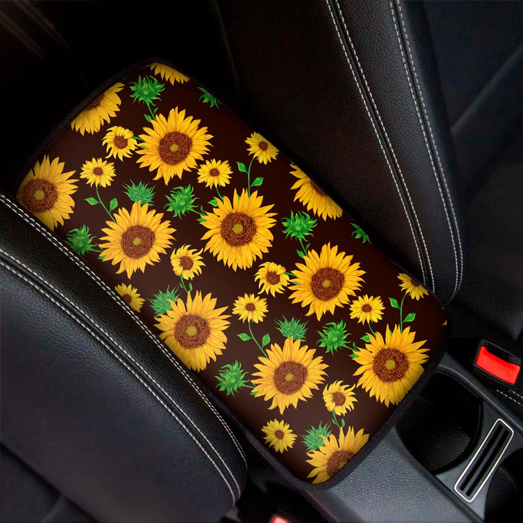 Brown Sunflower Pattern Print Car Center Console Cover