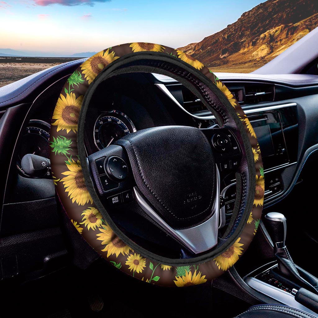 Brown Sunflower Pattern Print Car Steering Wheel Cover