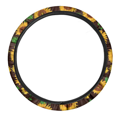 Brown Sunflower Pattern Print Car Steering Wheel Cover