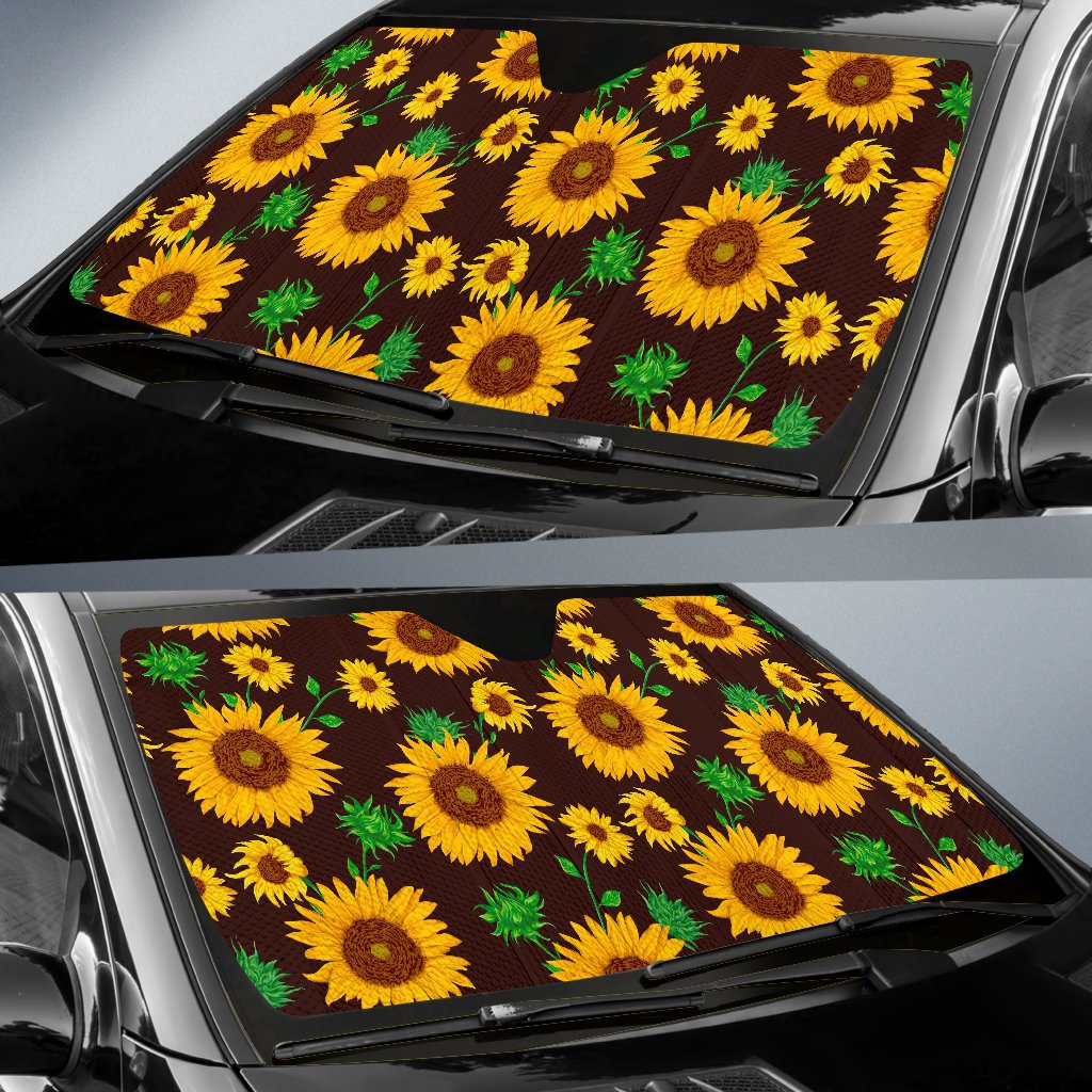 Brown Sunflower Pattern Print Car Sun Shade GearFrost