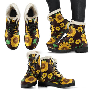 Brown Sunflower Pattern Print Comfy Boots GearFrost