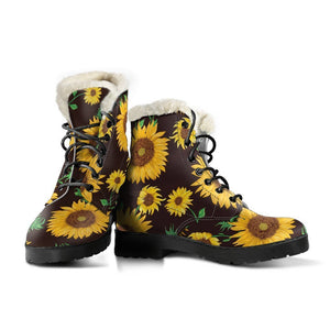 Brown Sunflower Pattern Print Comfy Boots GearFrost