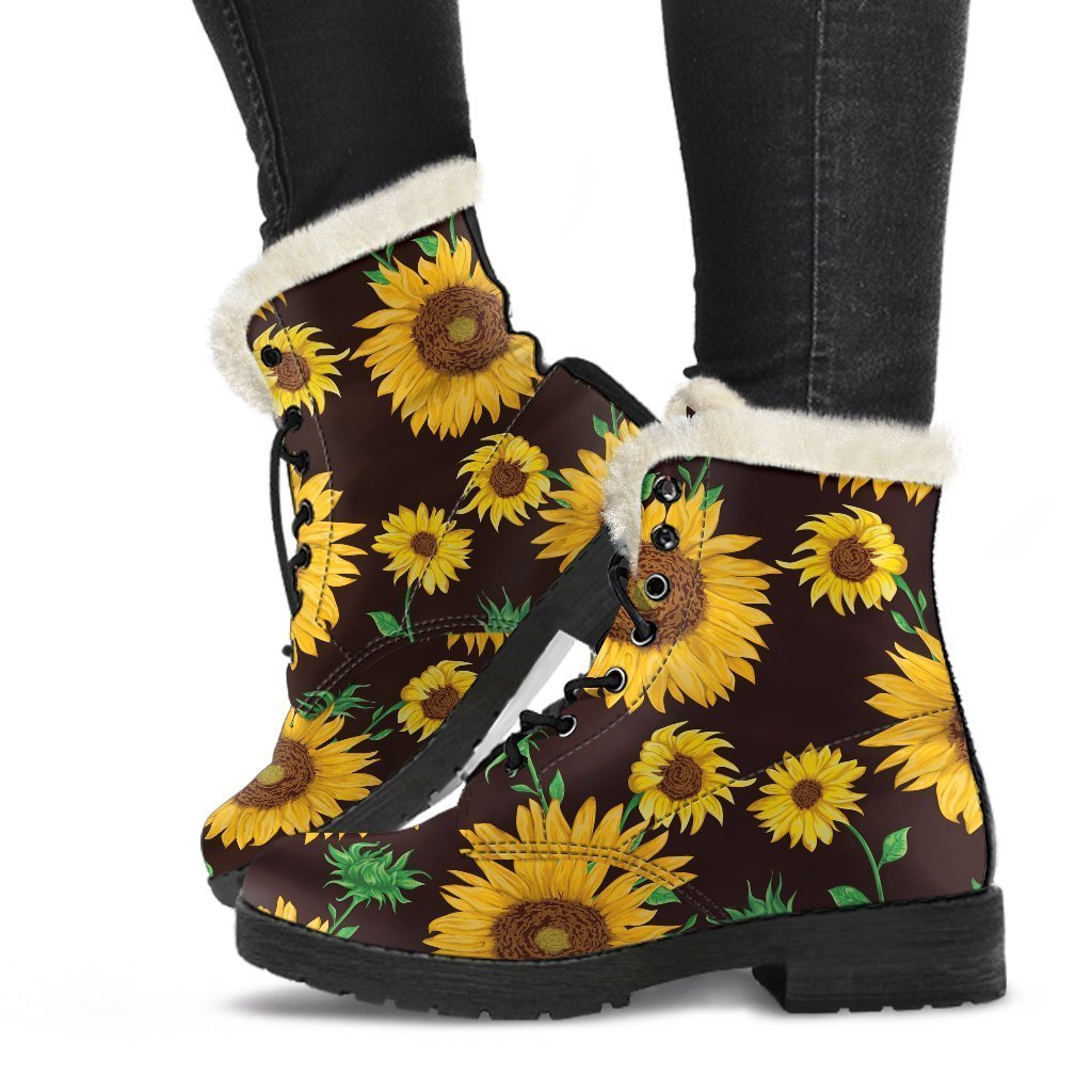 Brown Sunflower Pattern Print Comfy Boots GearFrost