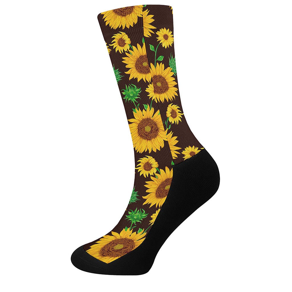 Brown Sunflower Pattern Print Crew Socks
