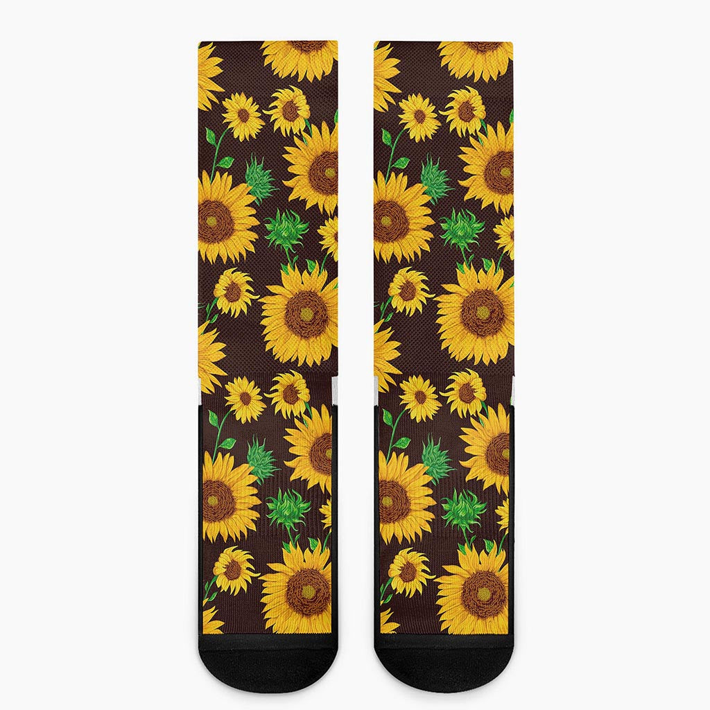 Brown Sunflower Pattern Print Crew Socks