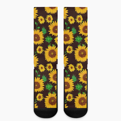 Brown Sunflower Pattern Print Crew Socks