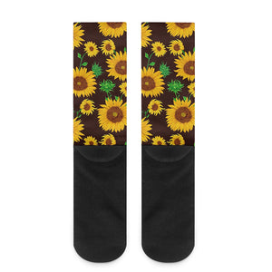Brown Sunflower Pattern Print Crew Socks