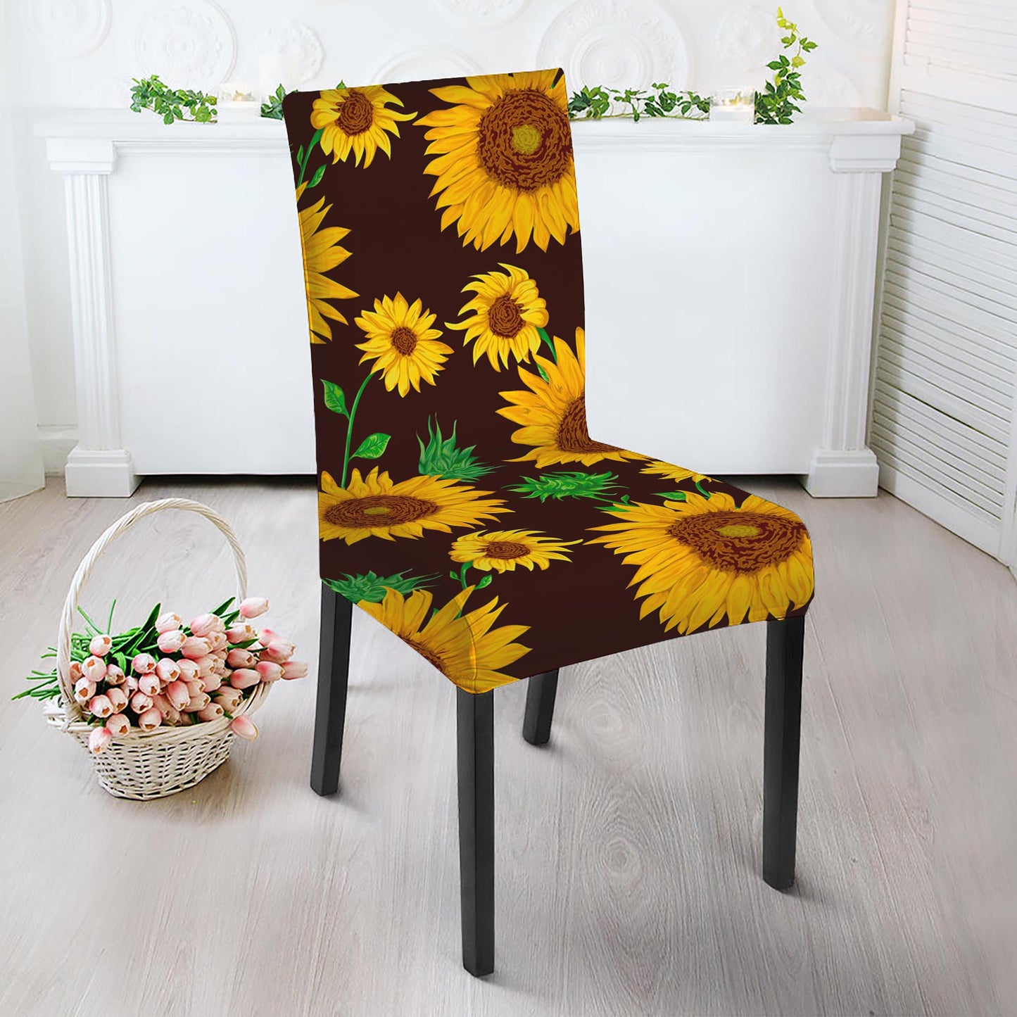 Brown Sunflower Pattern Print Dining Chair Slipcover