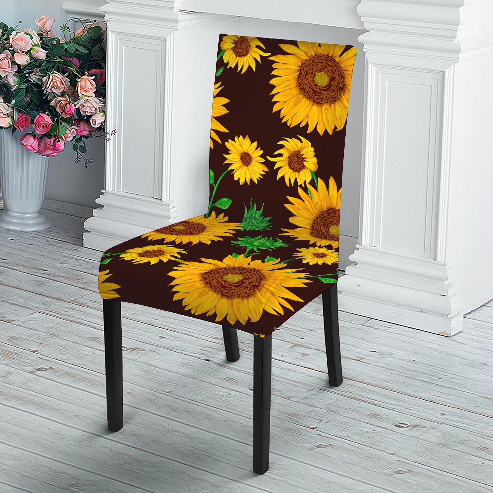 Brown Sunflower Pattern Print Dining Chair Slipcover