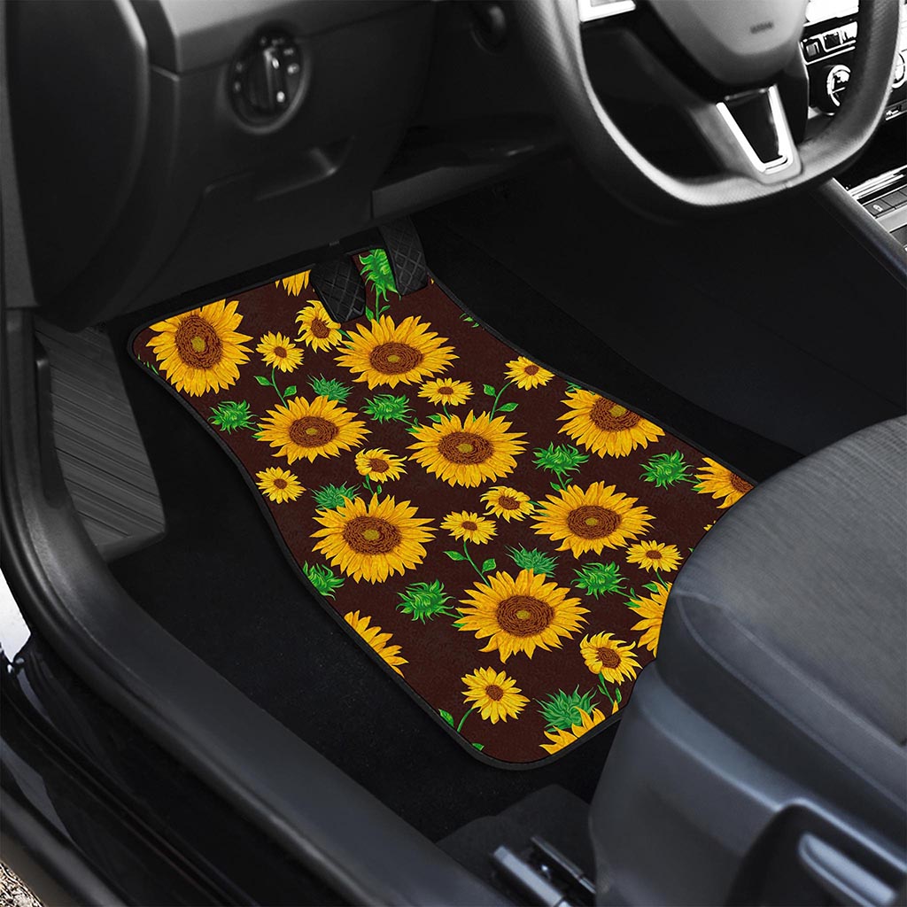 Brown Sunflower Pattern Print Front and Back Car Floor Mats