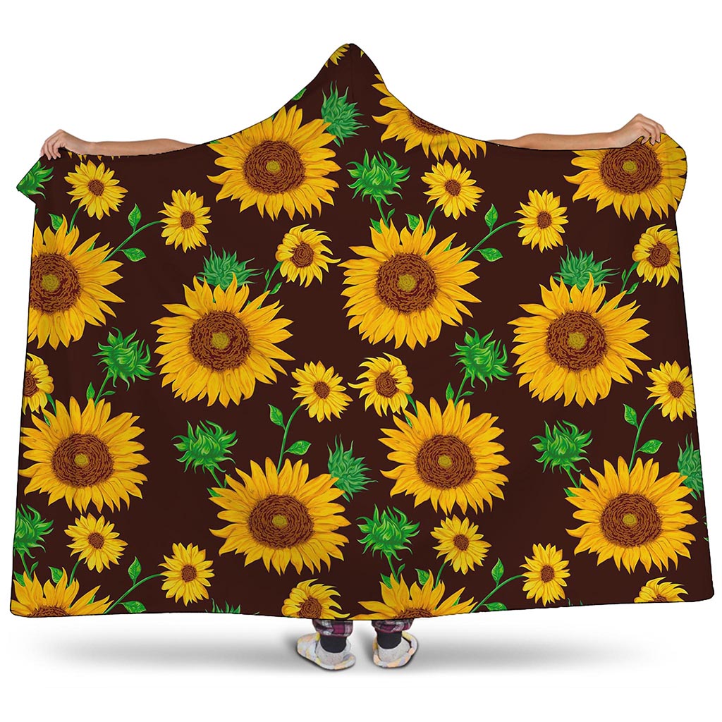 Brown Sunflower Pattern Print Hooded Blanket