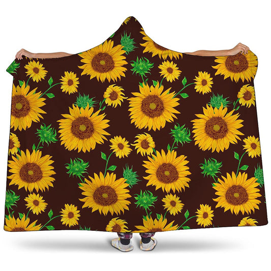 Brown Sunflower Pattern Print Hooded Blanket
