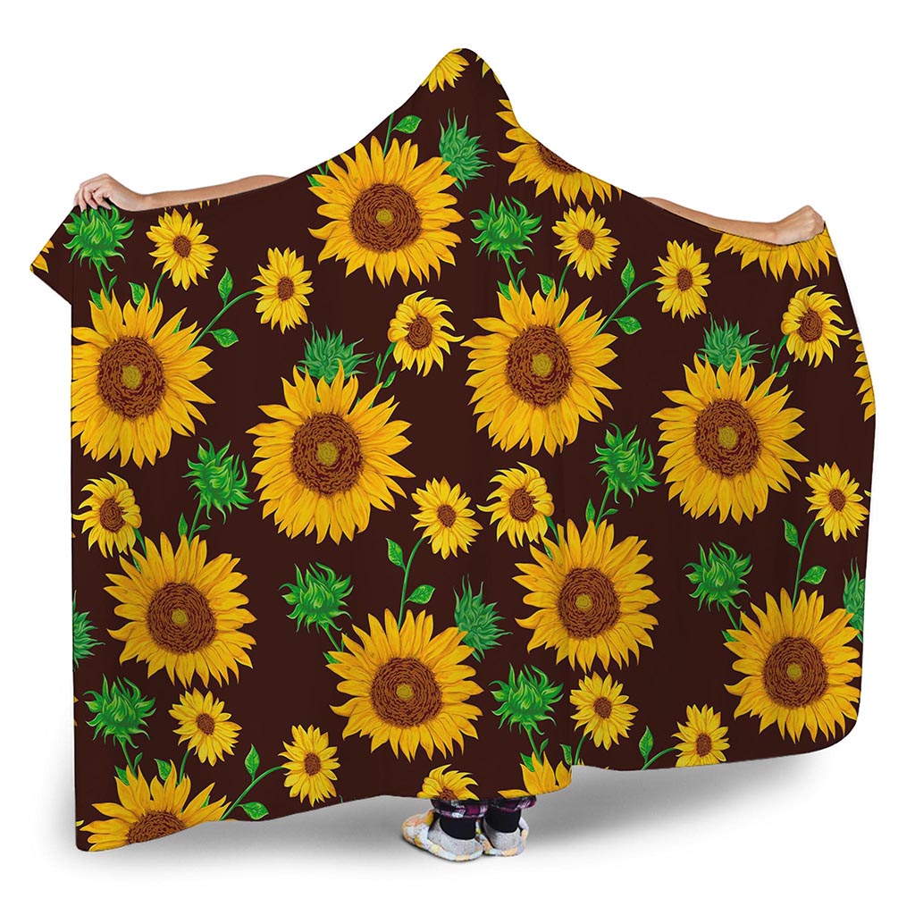 Brown Sunflower Pattern Print Hooded Blanket