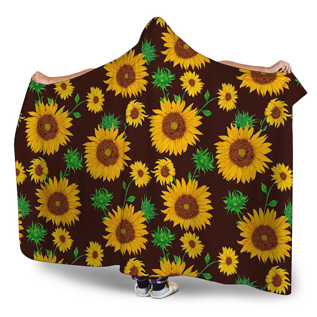 Brown Sunflower Pattern Print Hooded Blanket