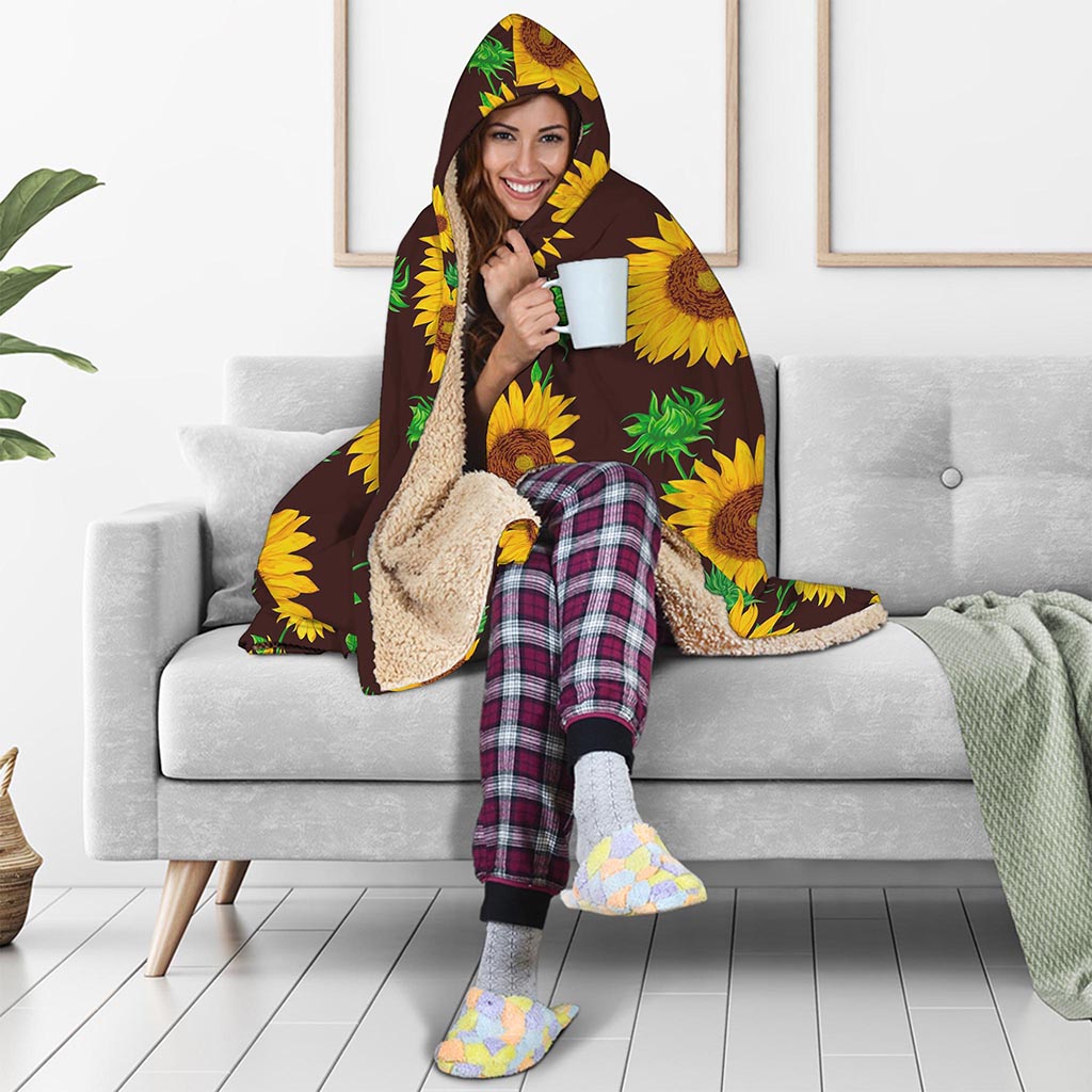 Brown Sunflower Pattern Print Hooded Blanket