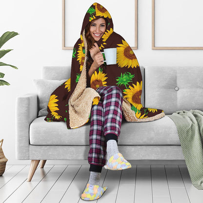 Brown Sunflower Pattern Print Hooded Blanket
