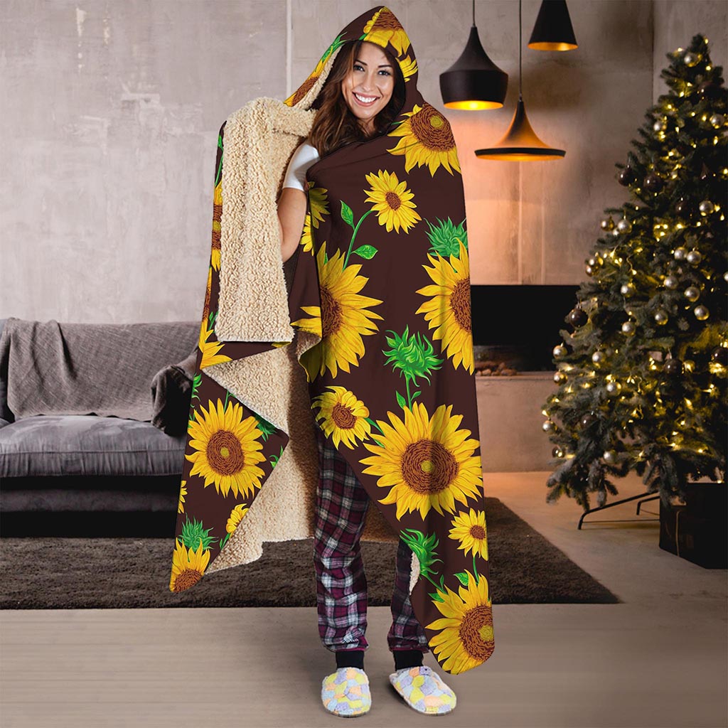 Brown Sunflower Pattern Print Hooded Blanket