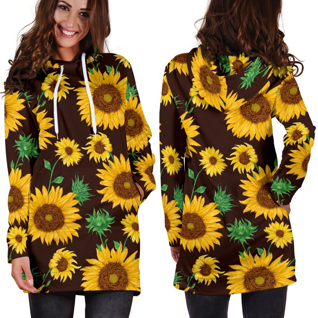 Brown Sunflower Pattern Print Hoodie Dress GearFrost