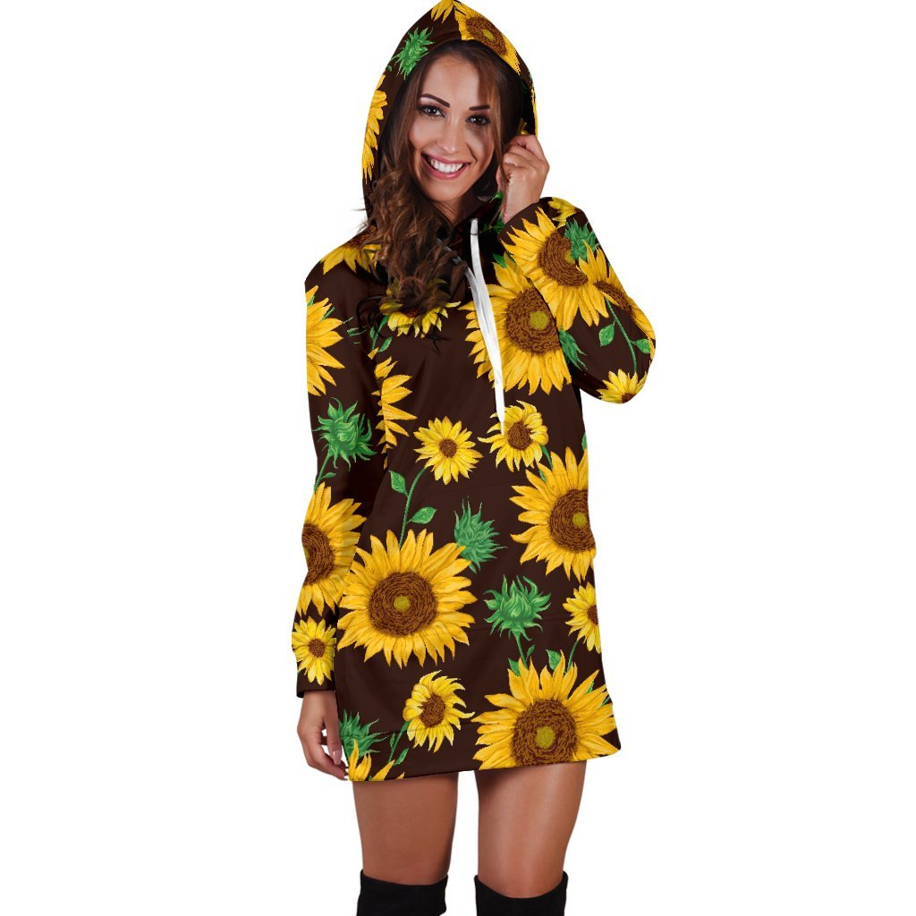 Brown Sunflower Pattern Print Hoodie Dress GearFrost