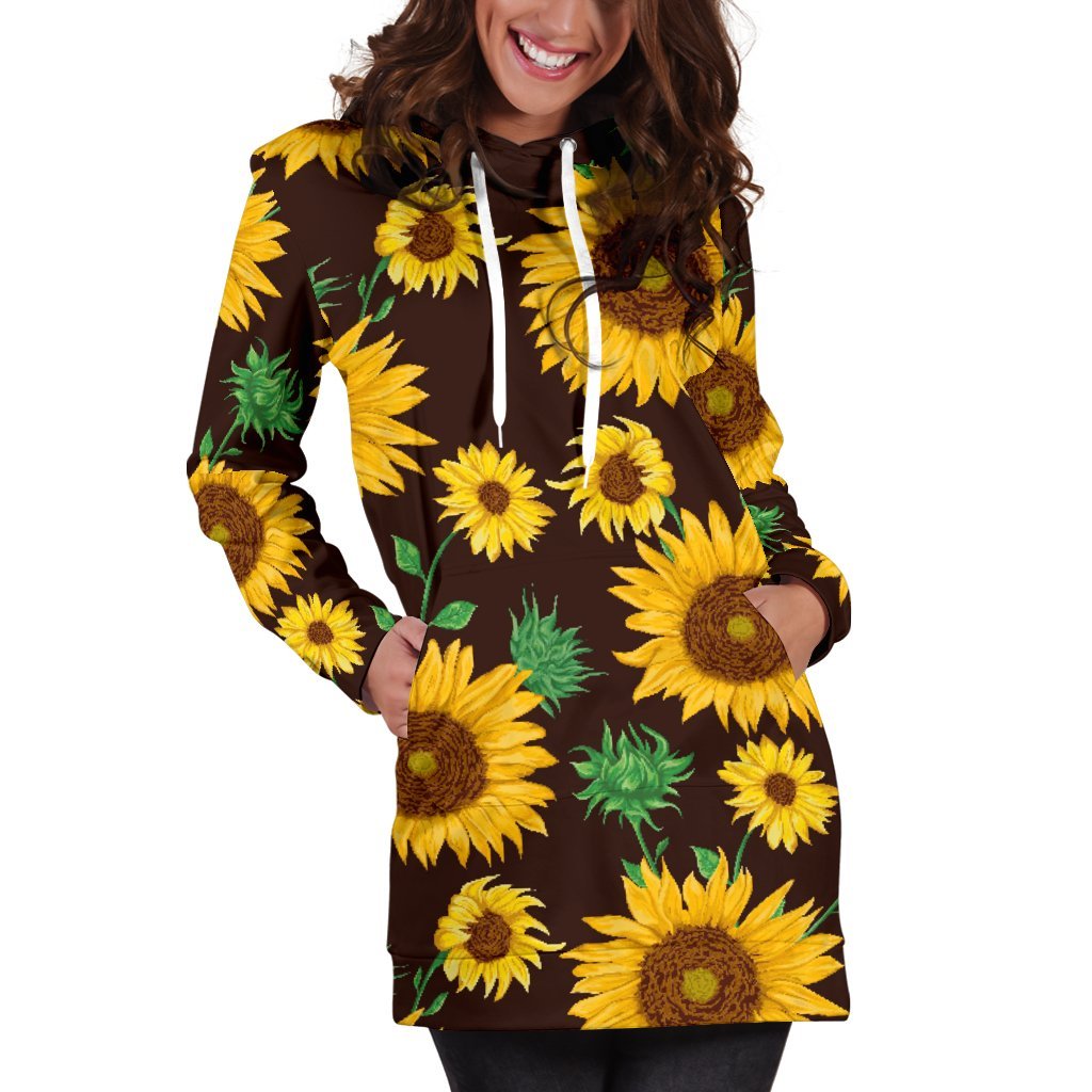 Brown Sunflower Pattern Print Hoodie Dress GearFrost