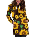 Brown Sunflower Pattern Print Pullover Hoodie Dress