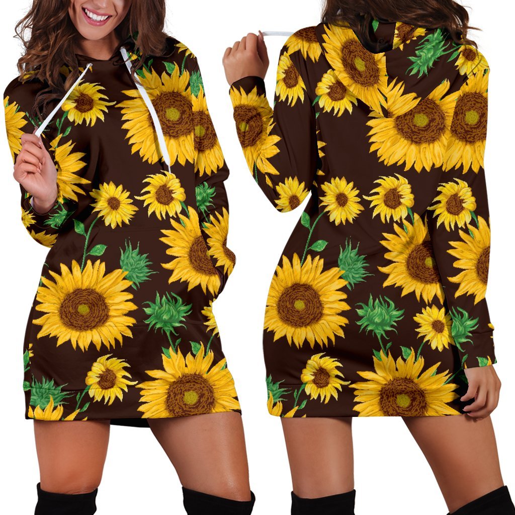 Brown Sunflower Pattern Print Hoodie Dress GearFrost