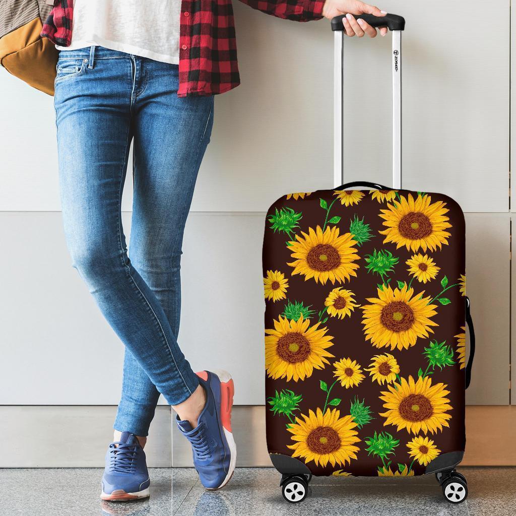 Brown Sunflower Pattern Print Luggage Cover GearFrost