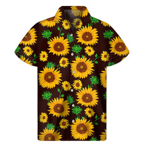 Brown Sunflower Pattern Print Men's Short Sleeve Shirt