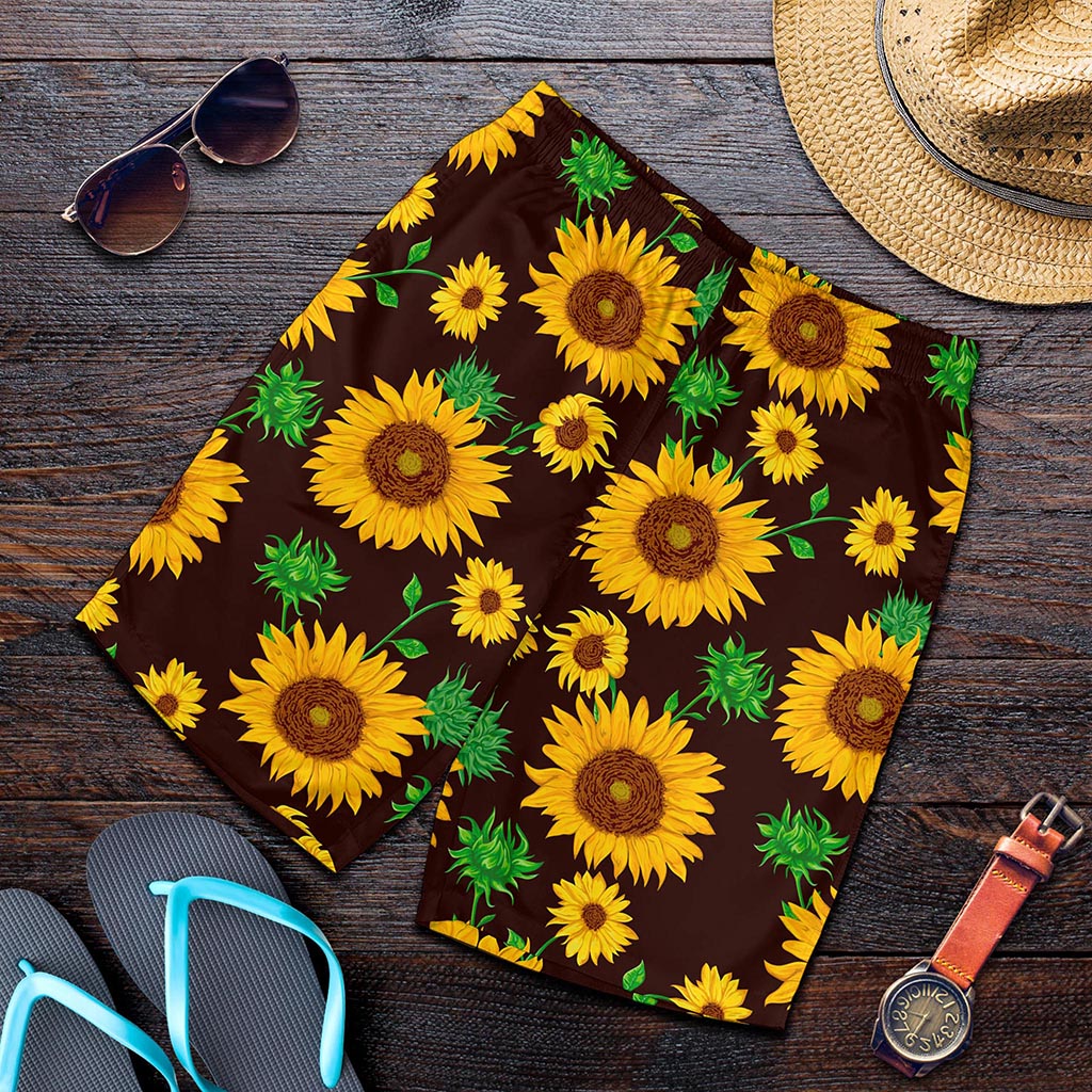 Brown Sunflower Pattern Print Men's Shorts