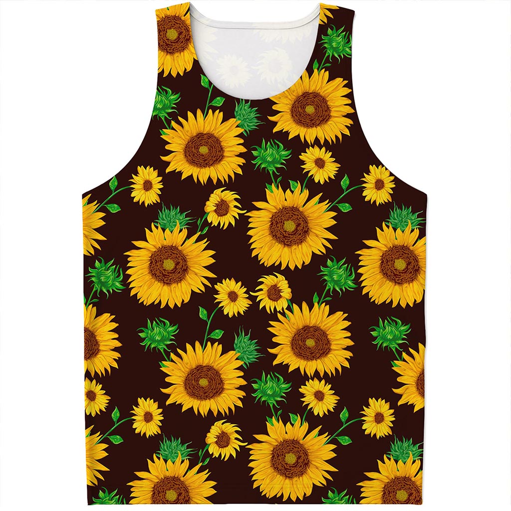 Brown Sunflower Pattern Print Men's Tank Top