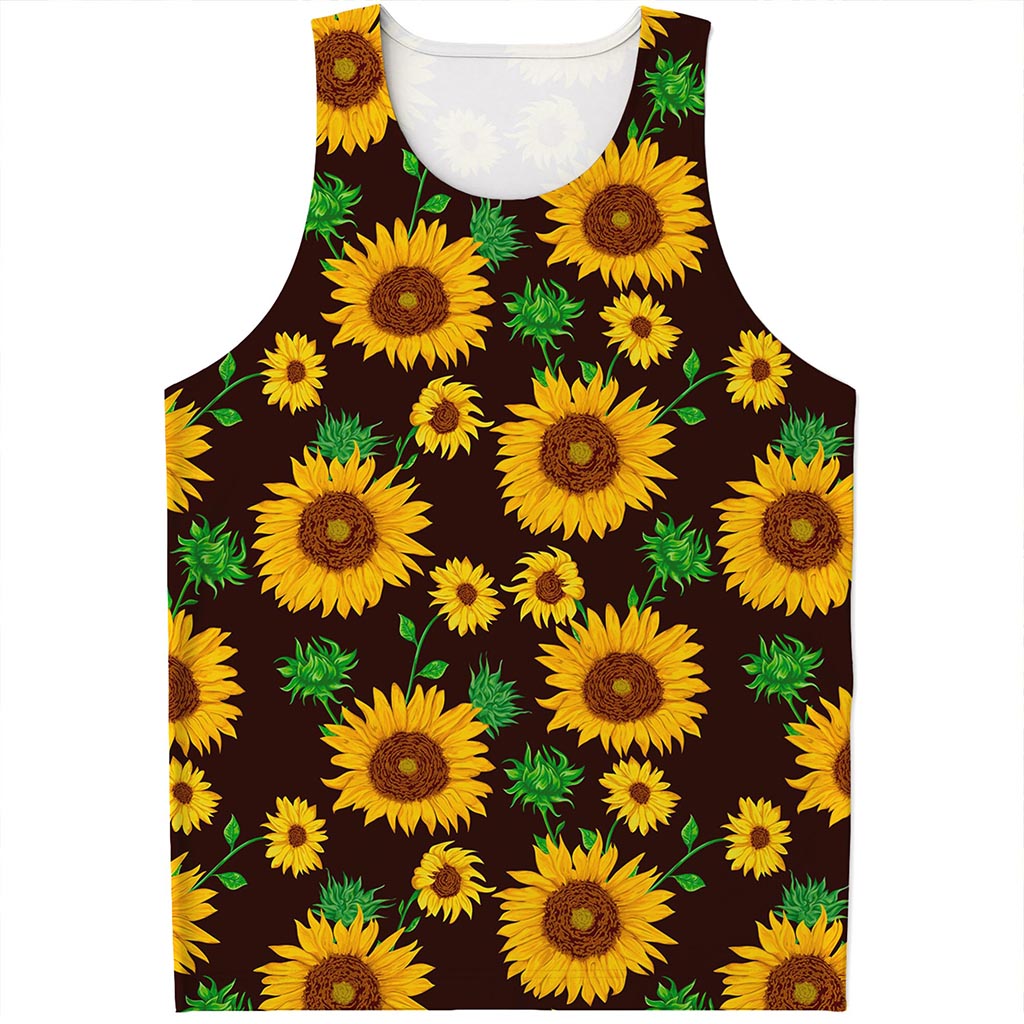 Brown Sunflower Pattern Print Men's Tank Top