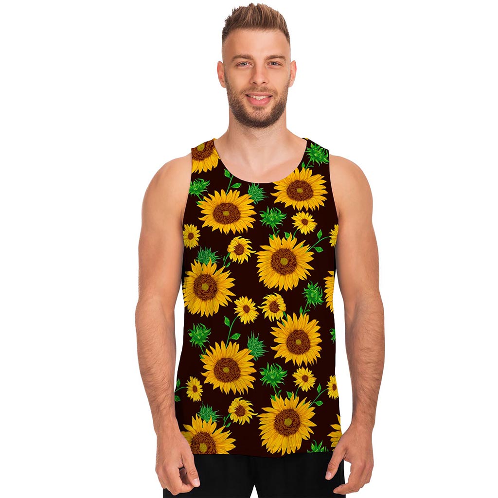 Brown Sunflower Pattern Print Men's Tank Top