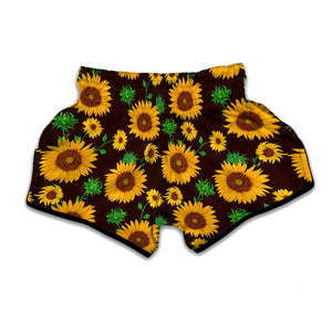 Brown Sunflower Pattern Print Muay Thai Boxing Shorts