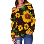 Brown Sunflower Pattern Print Off Shoulder Sweatshirt GearFrost