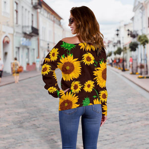 Brown Sunflower Pattern Print Off Shoulder Sweatshirt GearFrost