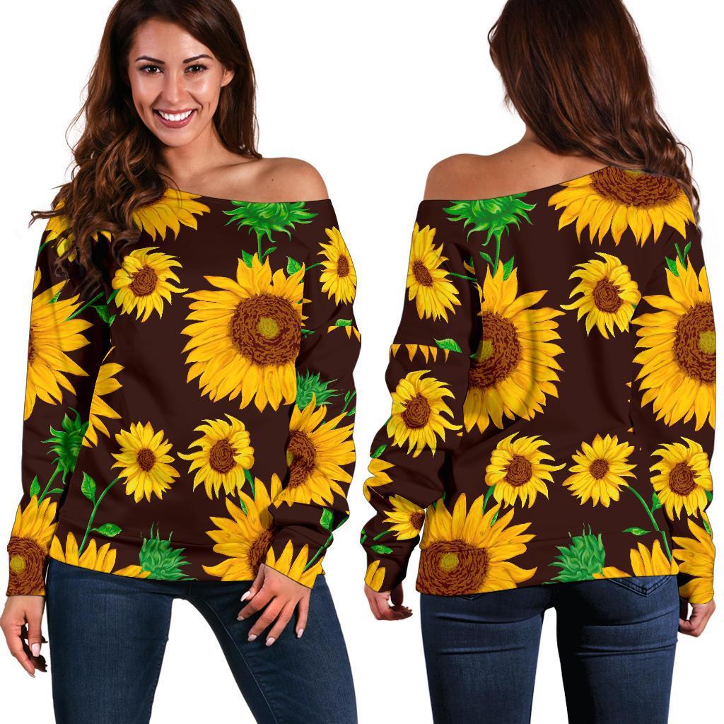 Brown Sunflower Pattern Print Off Shoulder Sweatshirt GearFrost