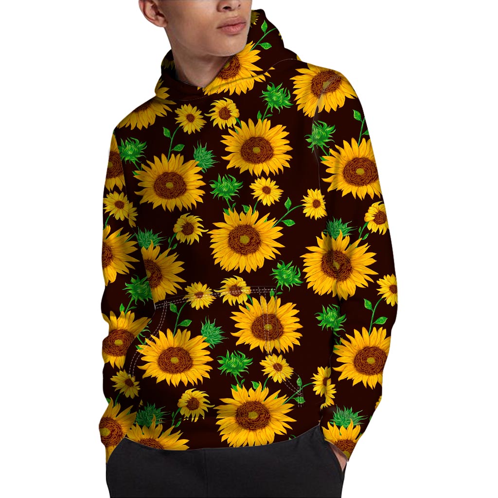 Brown Sunflower Pattern Print Pullover Hoodie