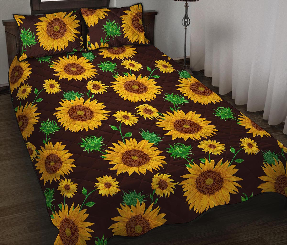 Brown Sunflower Pattern Print Quilt Bed Set