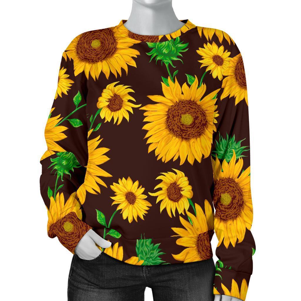 Brown Sunflower Pattern Print Women's Crewneck Sweatshirt GearFrost