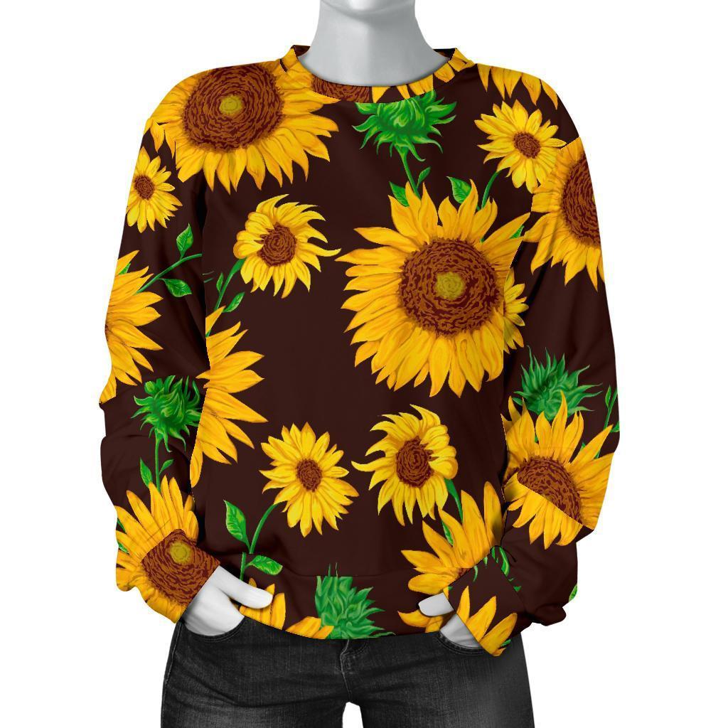 Brown Sunflower Pattern Print Women's Crewneck Sweatshirt GearFrost