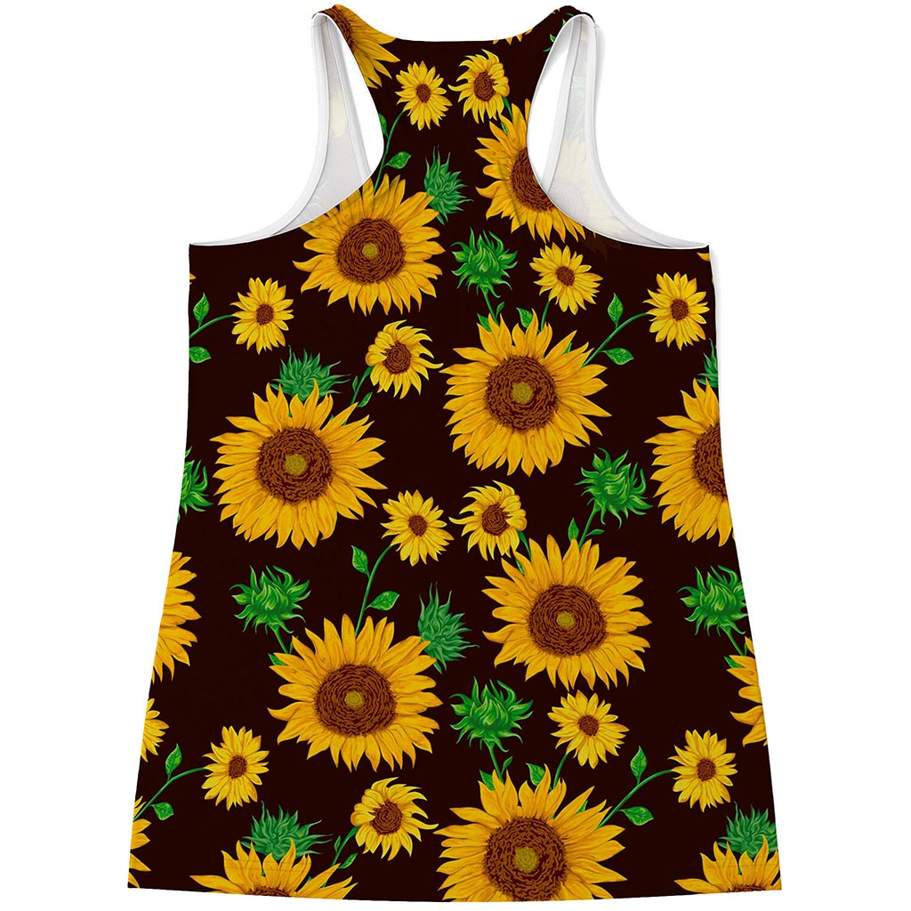 Brown Sunflower Pattern Print Women's Racerback Tank Top