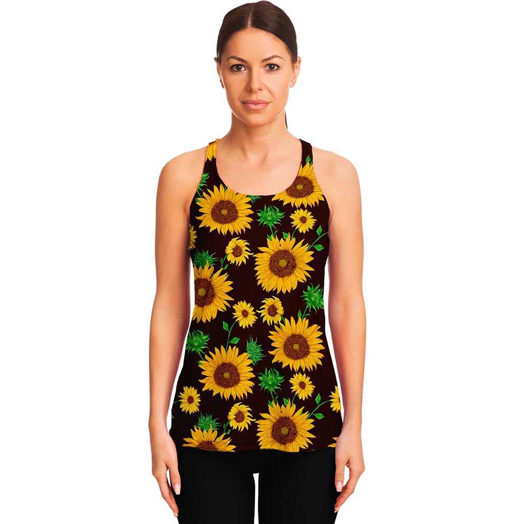 Brown Sunflower Pattern Print Women's Racerback Tank Top