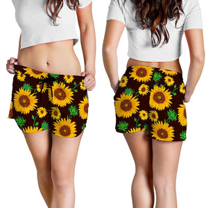 Brown Sunflower Pattern Print Women's Shorts