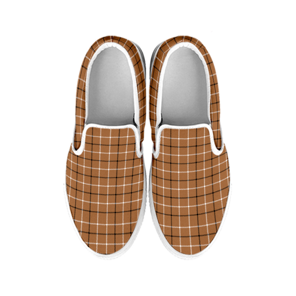 Brown Tattersall Pattern Print White Slip On Shoes