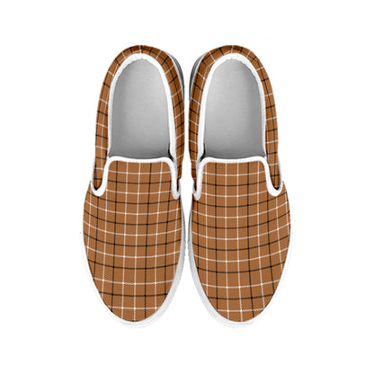 Brown Tattersall Pattern Print White Slip On Shoes