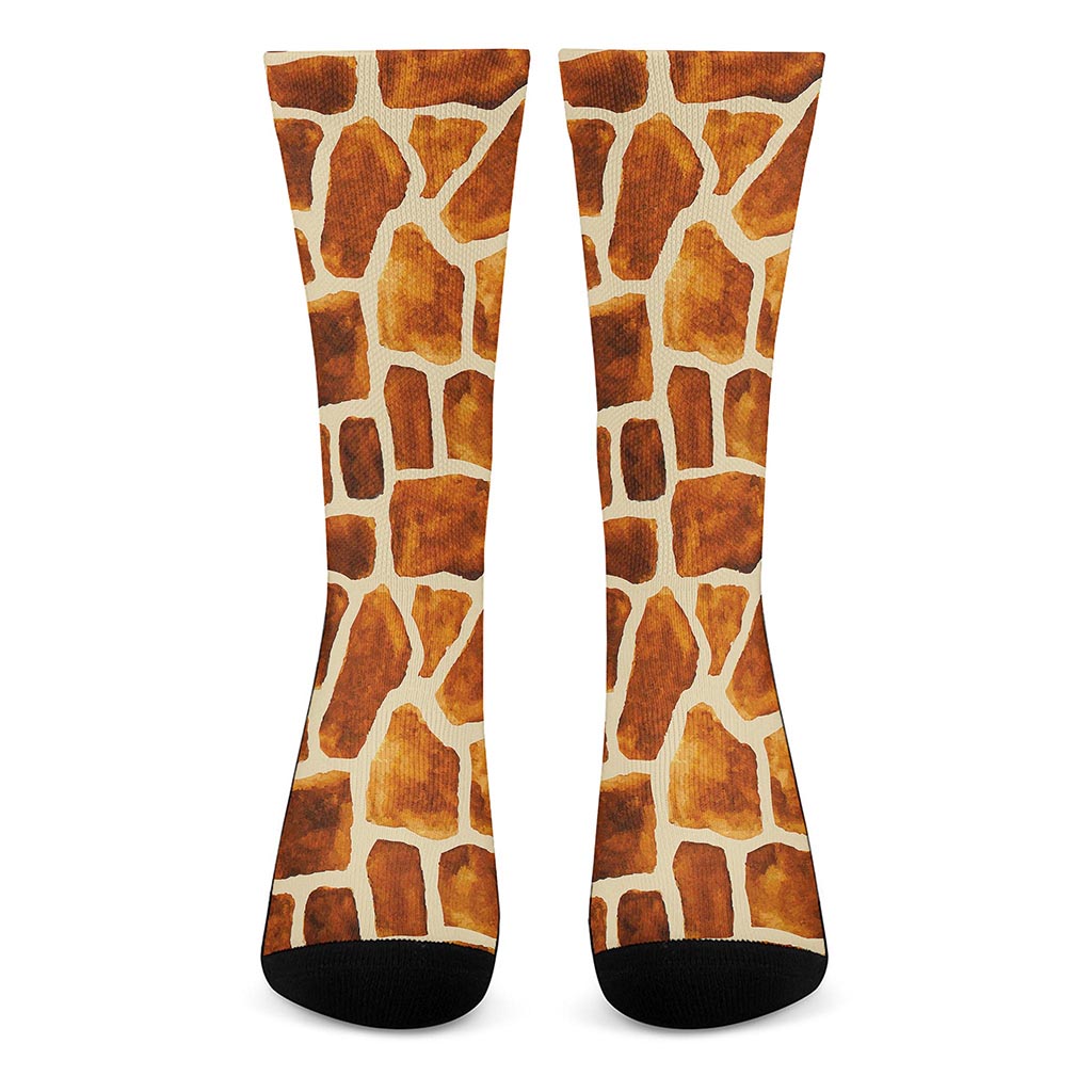 Brown Watercolor Giraffe Pattern Print Crew Socks
